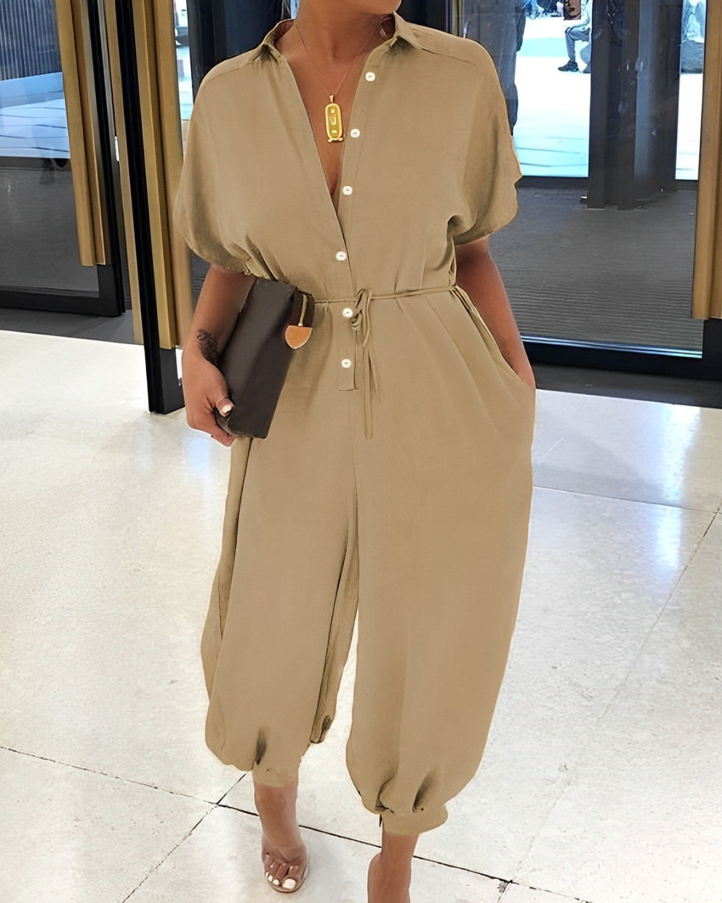 Franziska - Knopf Spitzengürtel Jumpsuit