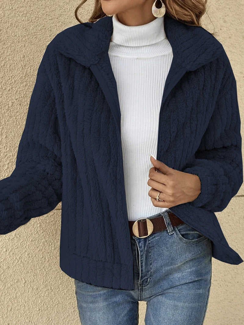 Women's Plain Zipper Thicken Fleece Loose Teddy Jacket
