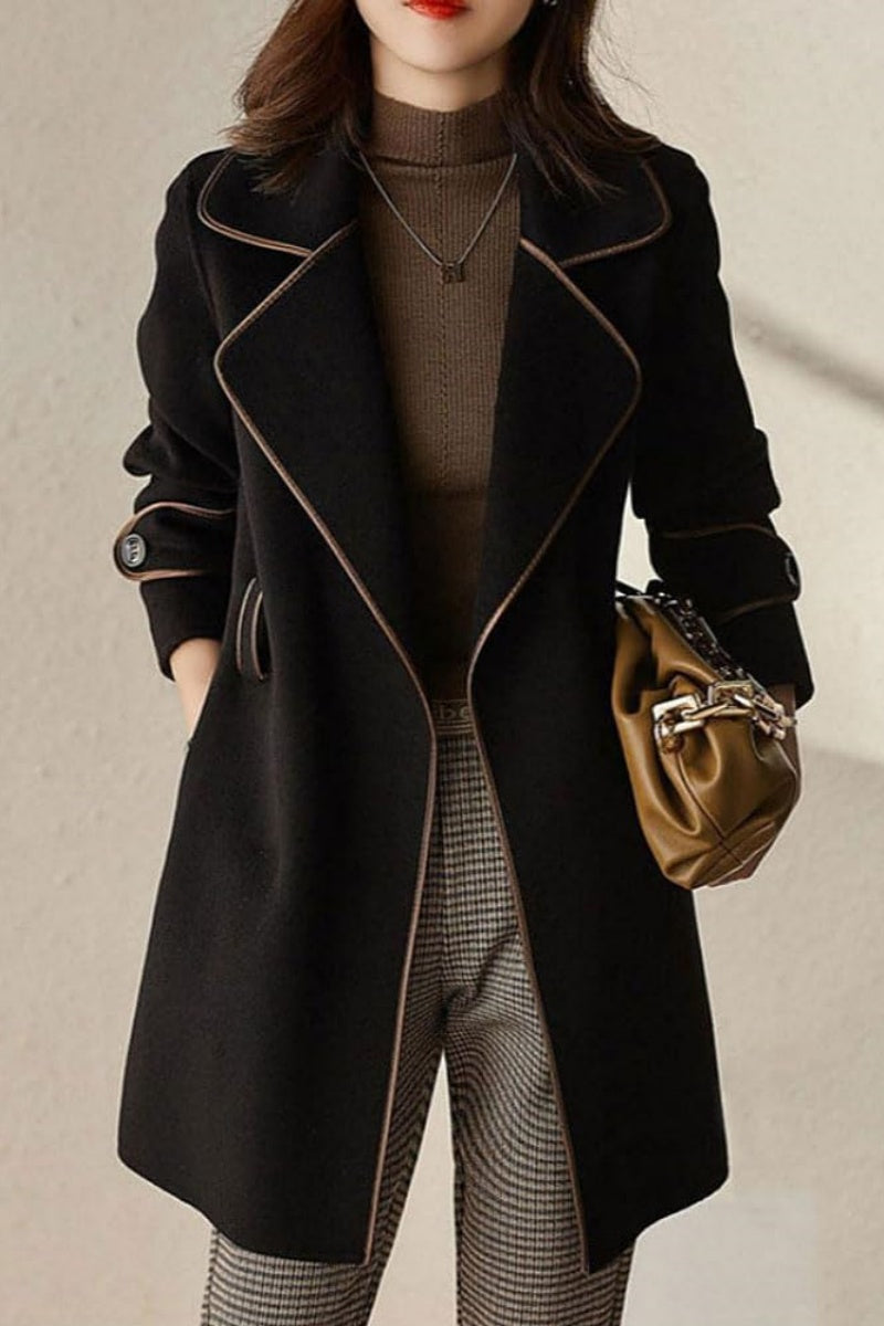 Chouyatou Women's Winter Elegant Lapel Open Front Wool Coat Wool Blend Trench Pea Coat with Belt