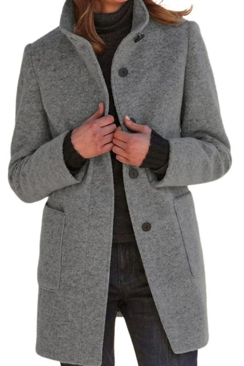 Chouyatou Women Winter Long Pea Coat Wool Blend Stand Collar Single Breast Thicken Blazer Jacket