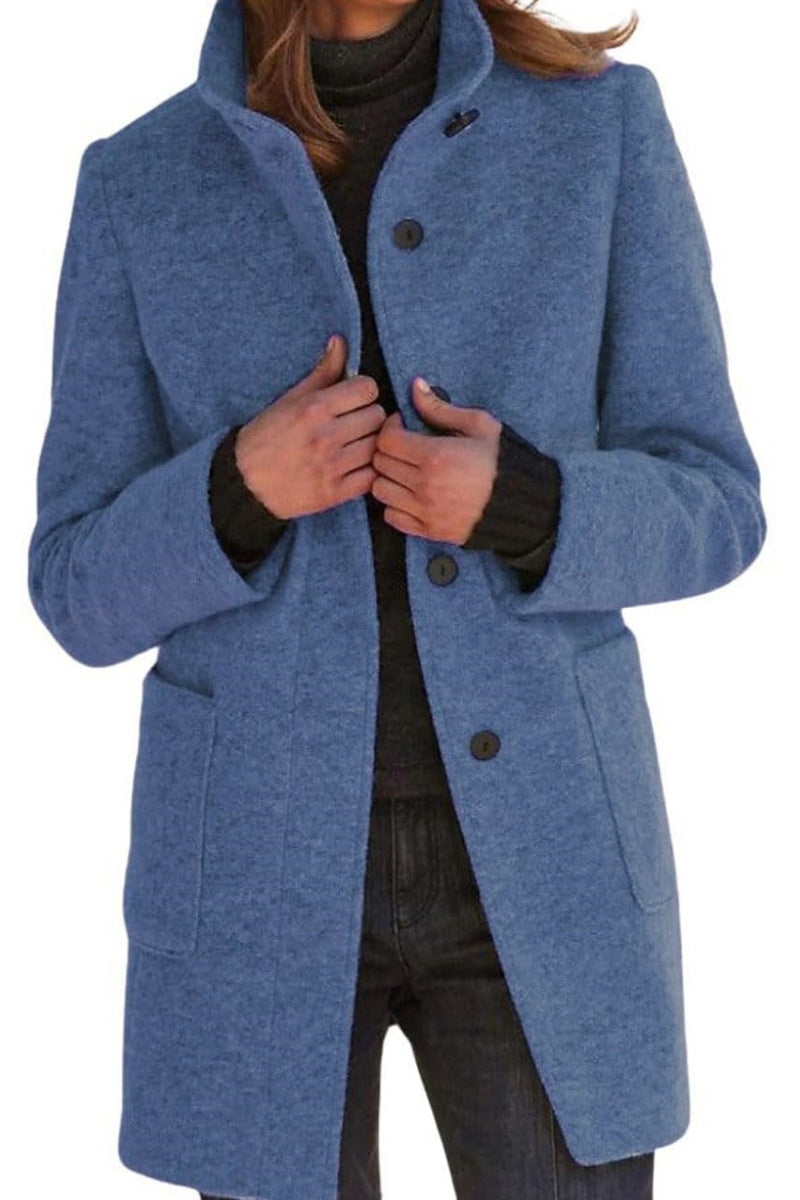 Chouyatou Women Winter Long Pea Coat Wool Blend Stand Collar Single Breast Thicken Blazer Jacket