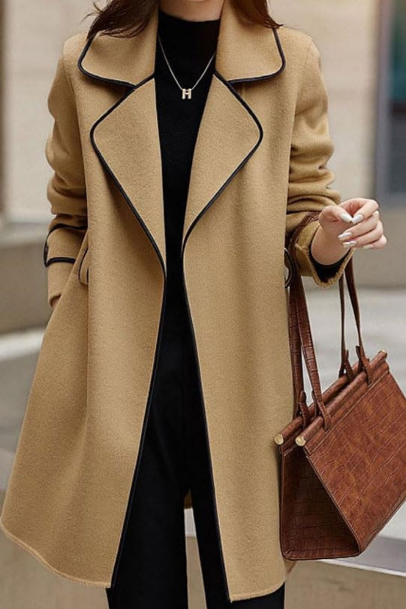 Chouyatou Women's Winter Elegant Lapel Open Front Wool Coat Wool Blend Trench Pea Coat with Belt