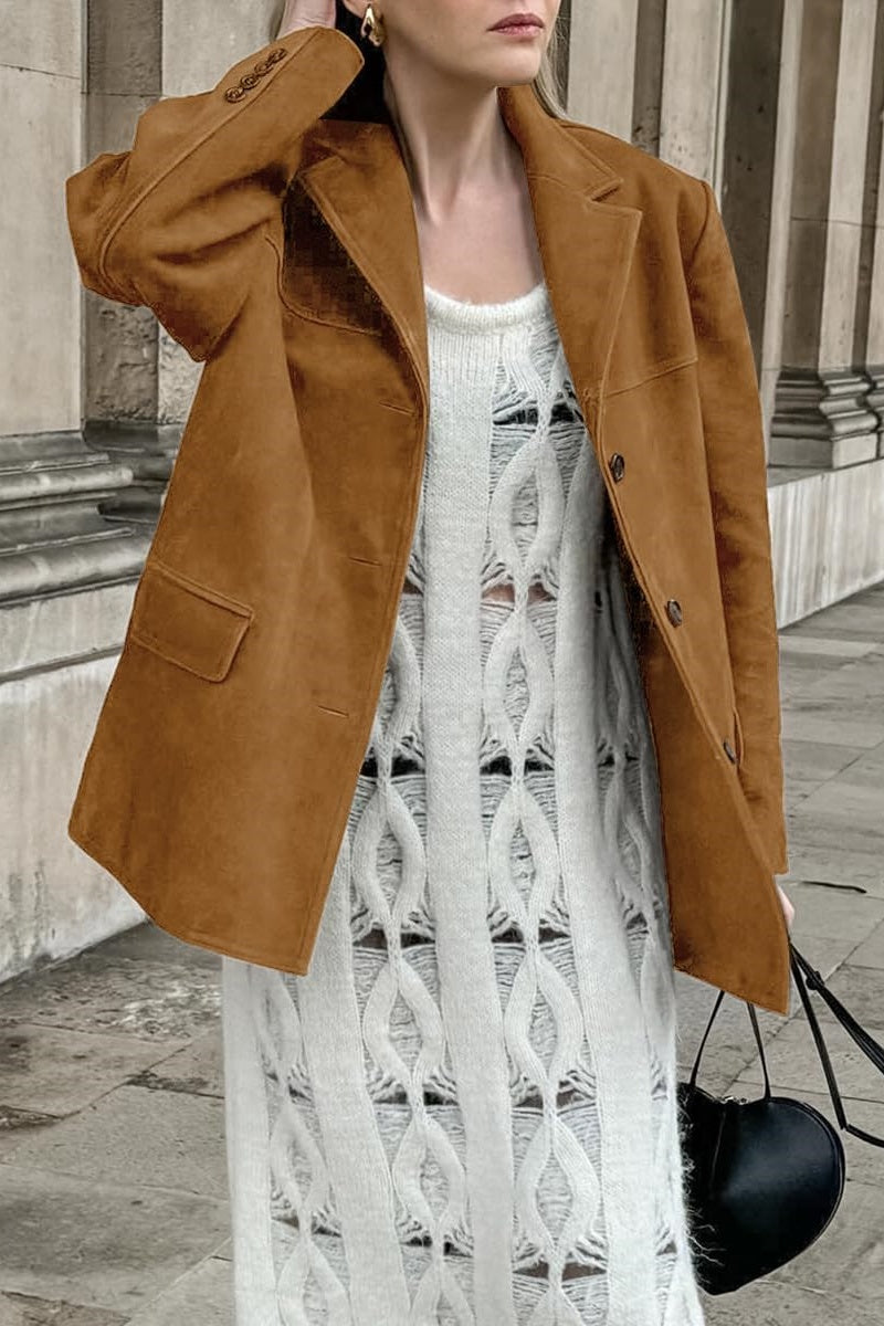 Chouyatou Women's Faux Suede Blazer Jacket Notched Lapel Single Breasted Faux Suede Leather Suit Jacket