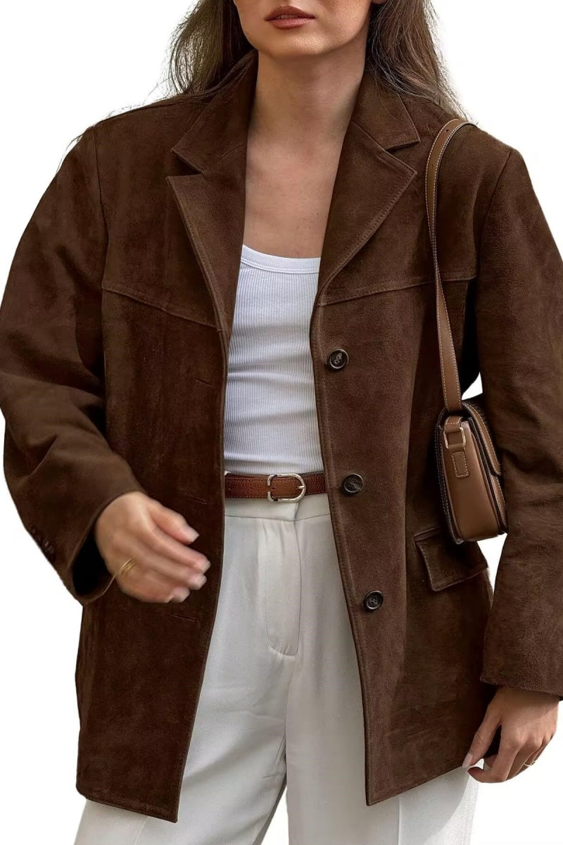 Chouyatou Women's Faux Suede Blazer Jacket Notched Lapel Single Breasted Faux Suede Leather Suit Jacket