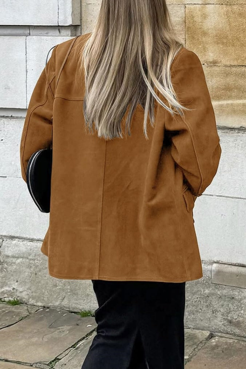 Chouyatou Women's Faux Suede Blazer Jacket Notched Lapel Single Breasted Faux Suede Leather Suit Jacket
