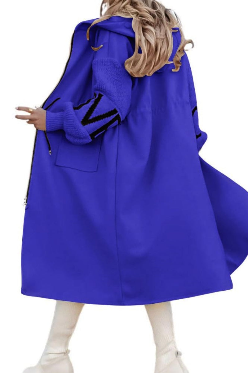 Chouyatou Women's Casual Knitted Sleeve Wool Trench Coat Zip Up Hooded Wool Blend Overcoat with Pockets