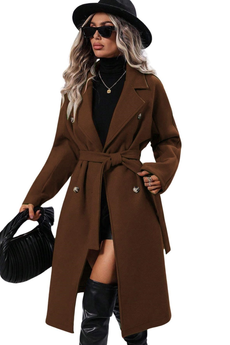 Chouyatou Womens Long Wool Pea Coat Notched Lapel Double Breasted Trench Coat Winter Warm Overcoat with Belt