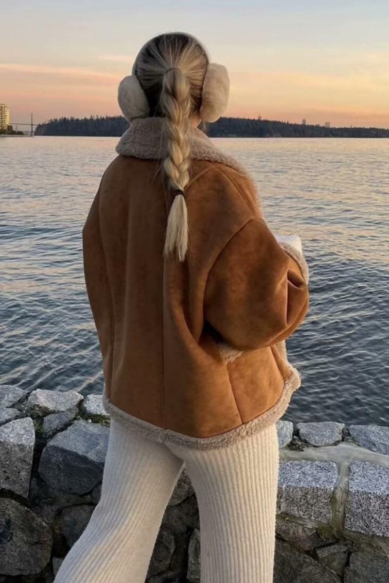 Chouyatou Women's Winter Casual Faux Suede Leather Jacket Button Down Fuzzy Sherpa Lined Jacket Coat