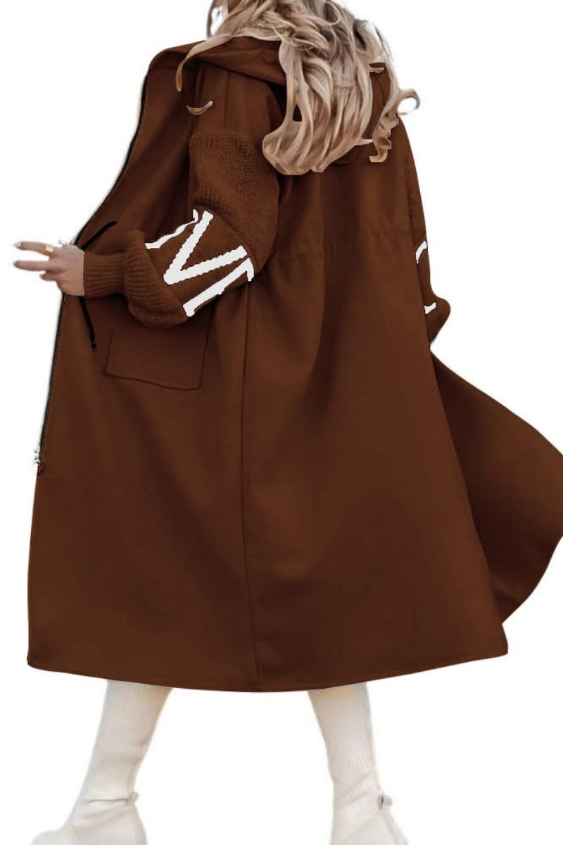 Chouyatou Women's Casual Knitted Sleeve Wool Trench Coat Zip Up Hooded Wool Blend Overcoat with Pockets