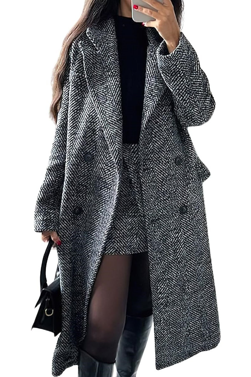 Chouyatou Women's Winter Casual Herringbone Wool Coat Double Breasted Notch Collar Dressy Long Trench Coat