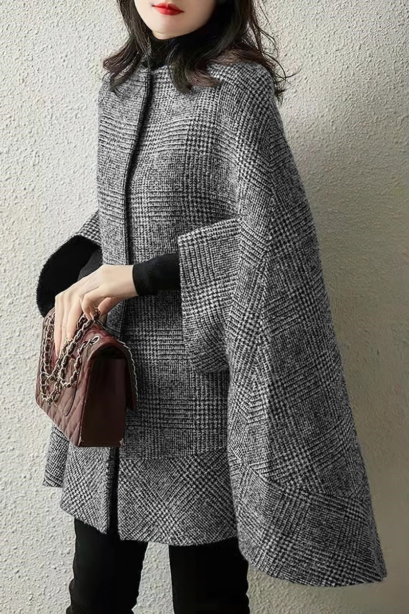 Chouyatou Women's Elegant Plaid Poncho Single Breasted Winter Casual Wool Blend Cape Cloak Coat