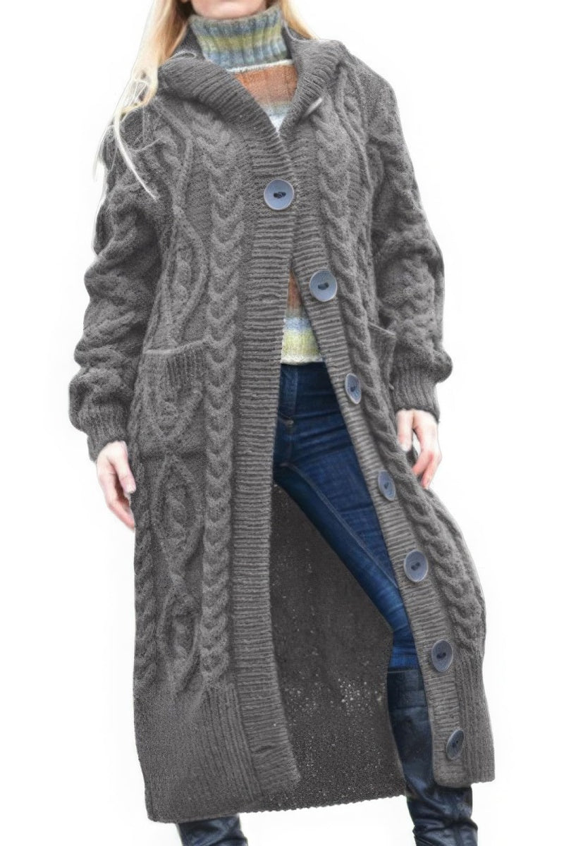 Chouyatou Women's Long Sleeve Hooded Cardigan Chunky Cable Knit Plus Size Over Knee Duster Coat with Pockets