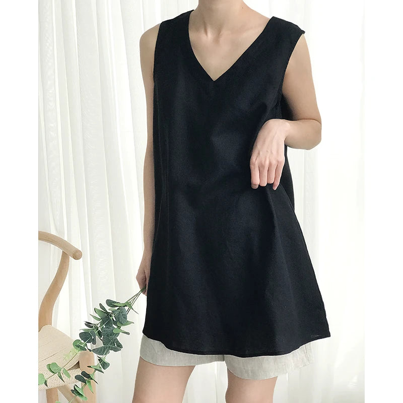 100% Linen Summer Women Tank Top Sexy V-Neck Sleeveless Tops Korean Fashion Clothing