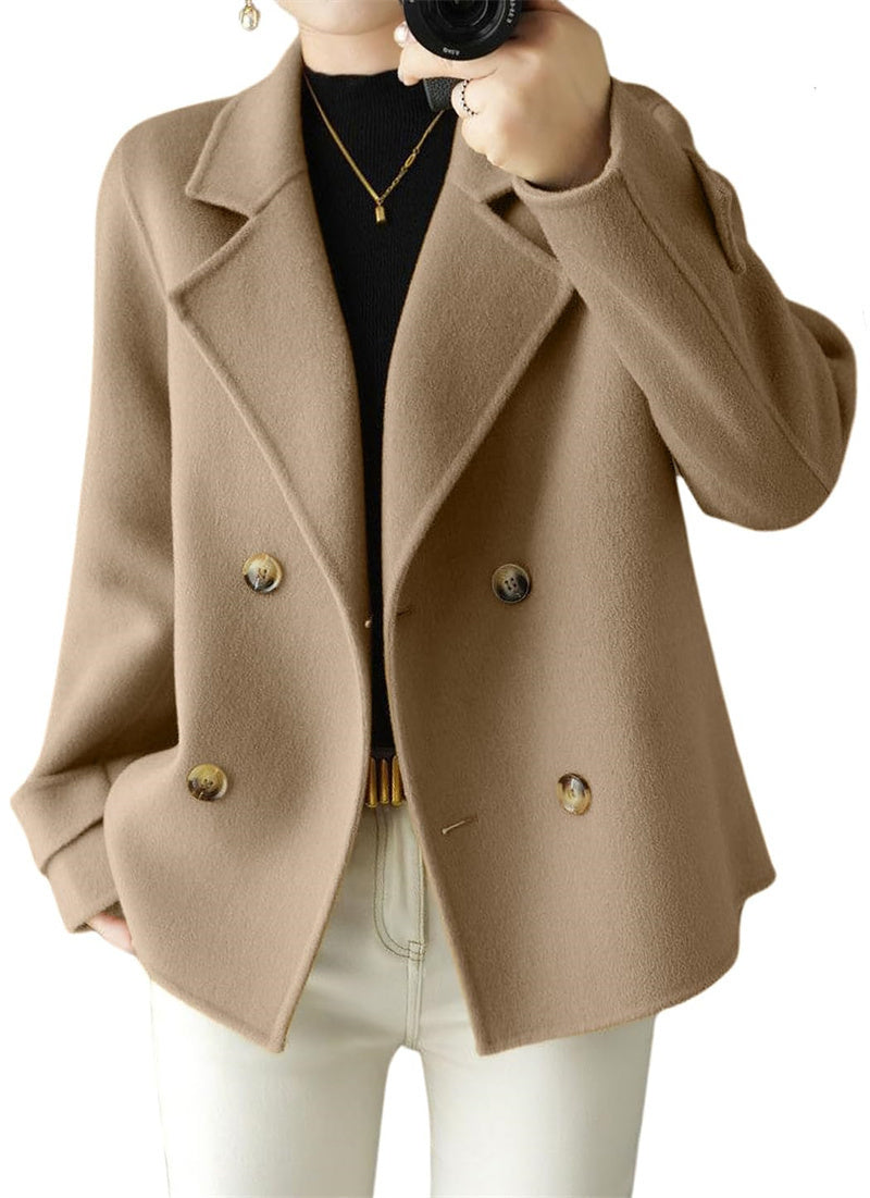 Chouyatou Womens Fall Winter Casual Business Wool Blend Coat Loose Double Breasted Dressy Blazer Pea Coat