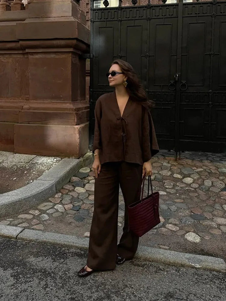 Chic Brown Cotton Linen Long Pants Sets Women's Casual Loose Solid Lace Up V-neck Shirts Suits 2025 Lady Daily Streetwear New