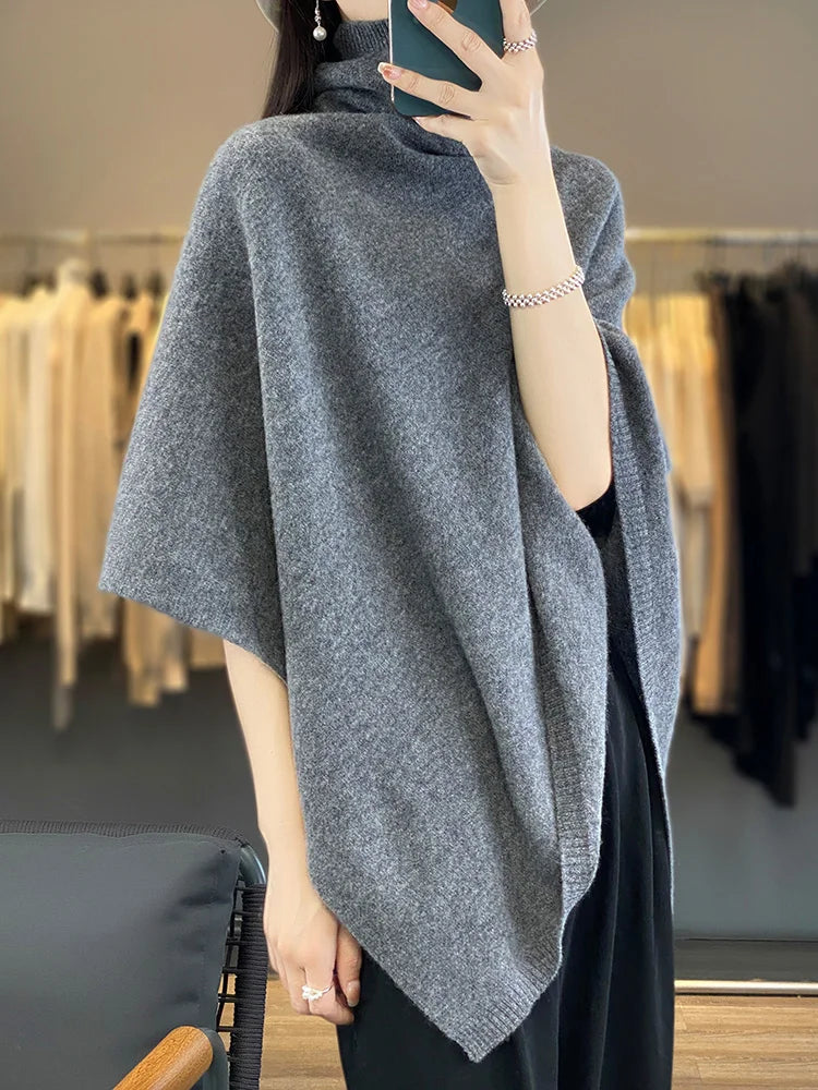 New Chic Women Wool Sweater Shawl Heap Collar Pullover 100% Merino Wool Knitwear Autumn Winter Cashmere Soft Simple Cloak Shawl
