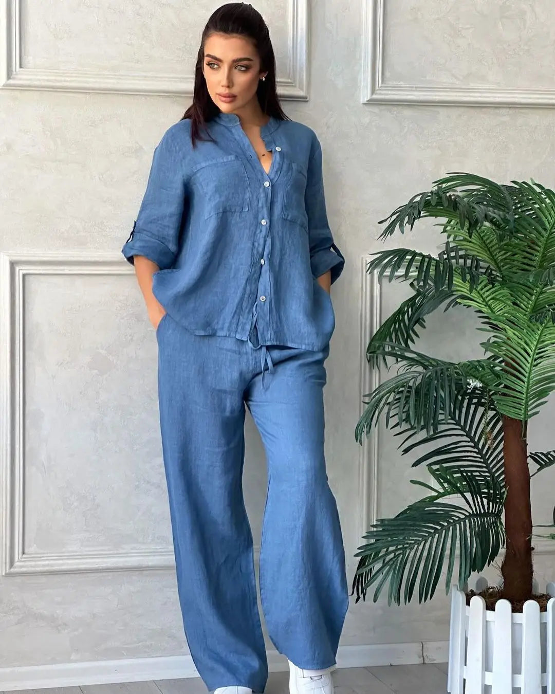 Cotton LinenTwo Piece Sets Women Autumn Casual Simple Long Sleeve Pocket Shirts Trousers 2 Piece Set Fashion Loose Suit Outfites