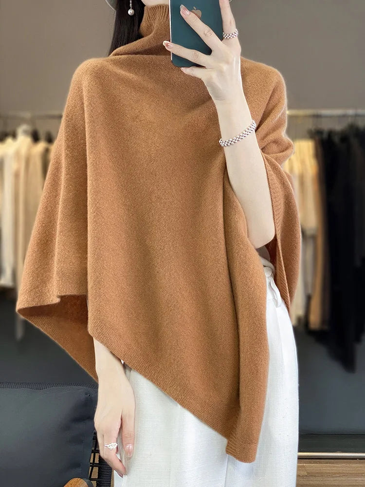 New Chic Women Wool Sweater Shawl Heap Collar Pullover 100% Merino Wool Knitwear Autumn Winter Cashmere Soft Simple Cloak Shawl