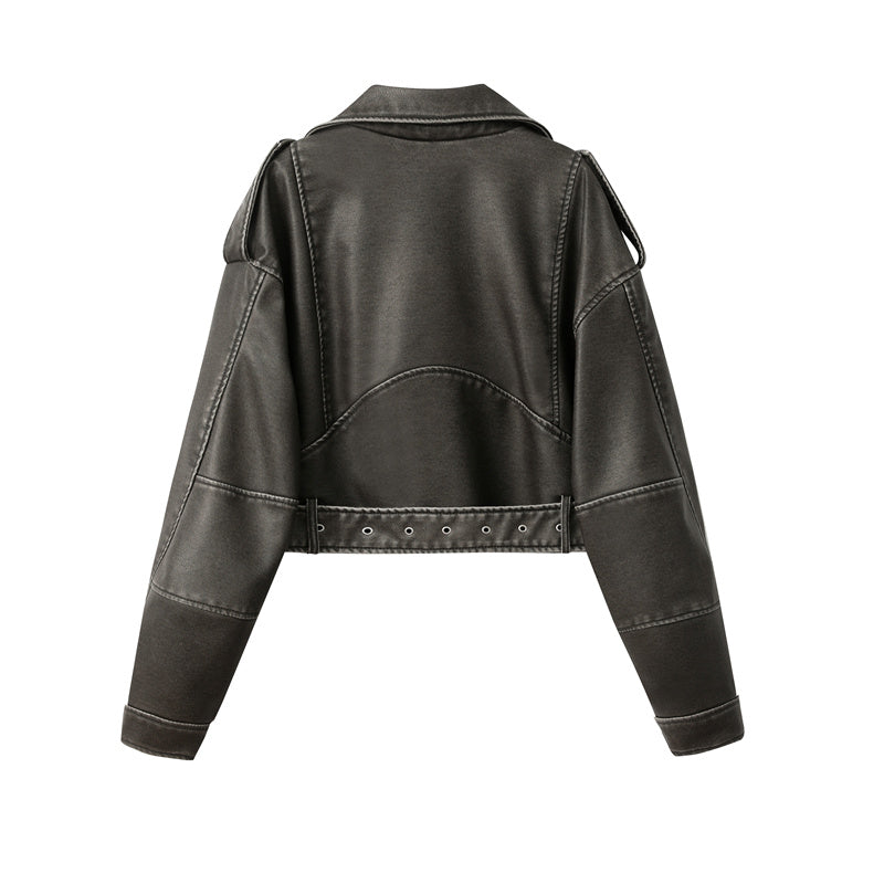 Sieglinde | Klassische, taillierte Lederjacke in Cropped-Länge mit modernem asymmetrischem Reißverschluss