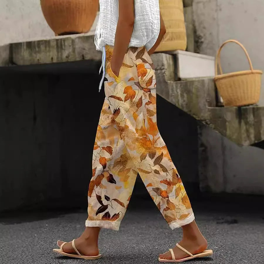 2025 Womens Summer New Fashion Printed Straight Pants Blue Pocket Lace Seaside Beach Vacation Style Trousers Women's Loose Pants