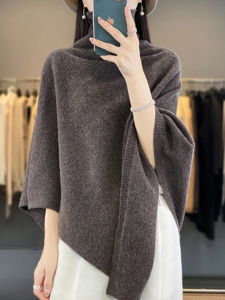 New Chic Women Wool Sweater Shawl Heap Collar Pullover 100% Merino Wool Knitwear Autumn Winter Cashmere Soft Simple Cloak Shawl