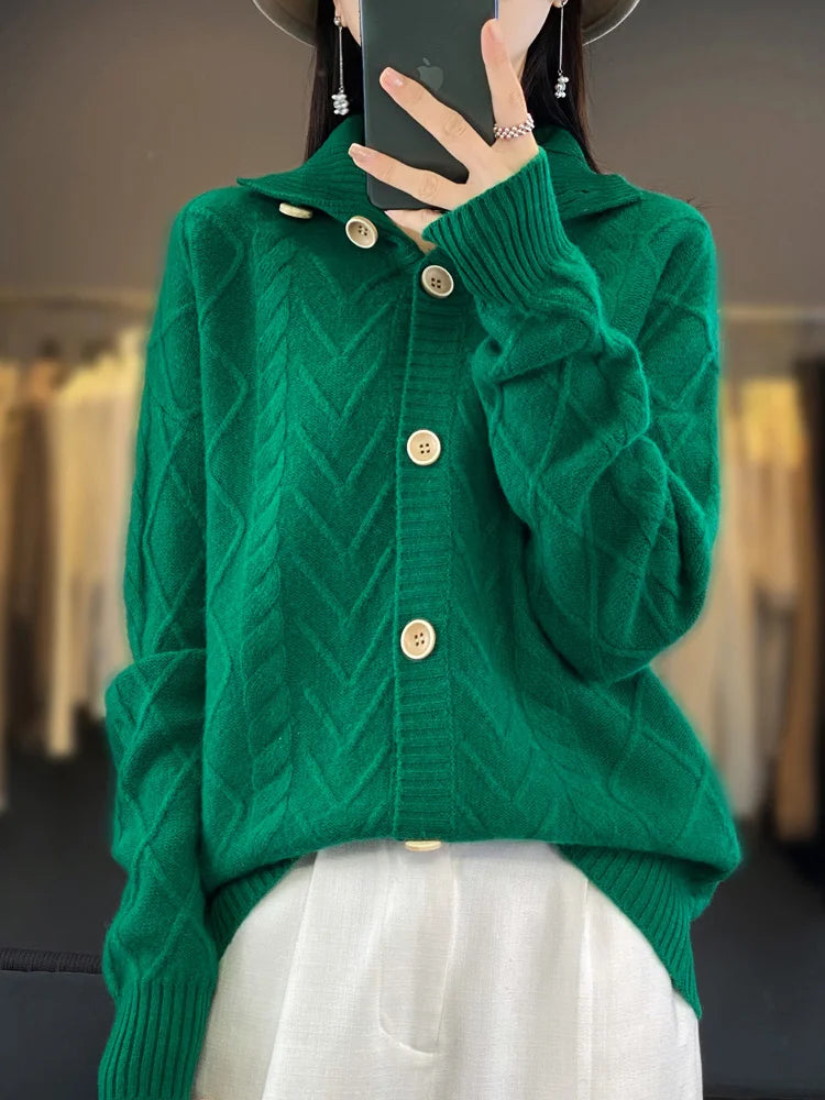 Autumn Winter Women Thick 100% Merino Wool Cardigan Cashmere Sweater Knitwear Turn Down Collar Cable Knitting Clothing Tops