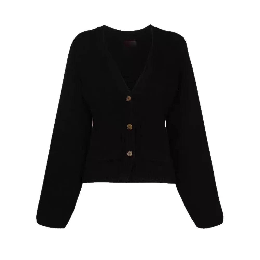 Solid Color Female's Autumn Sweater V-neck High-Waist Button Pocket Cardigan For Women Knit Cropped Long Sleeves Jacket For Lady