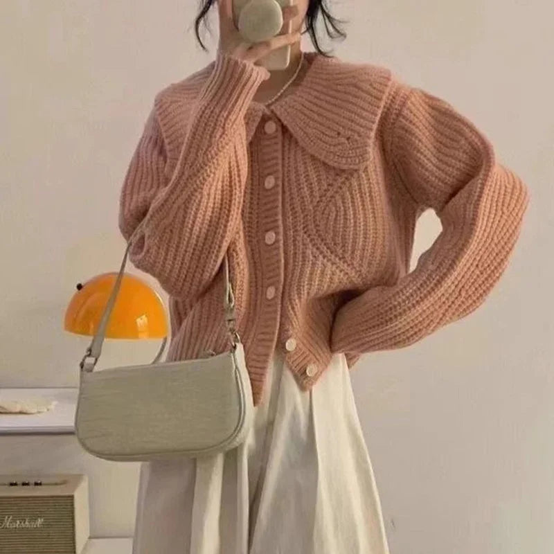 Sweet Peter Pan Collar Knitted Cardigan Women Autumn Simple Single Breasted Sweater Coats Woman Solid Color Korean Cardigan