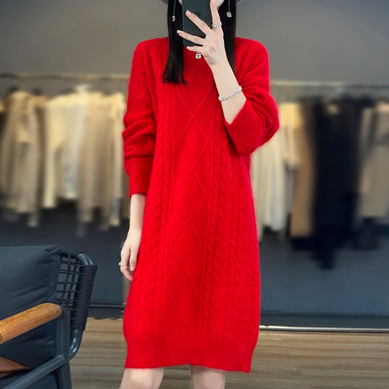 DjzDsm Autumn And Winter New 100% Mink Fur Women's High Quality Round Neck Thick Warm Jumper Knitted Solid Color Loose Dress