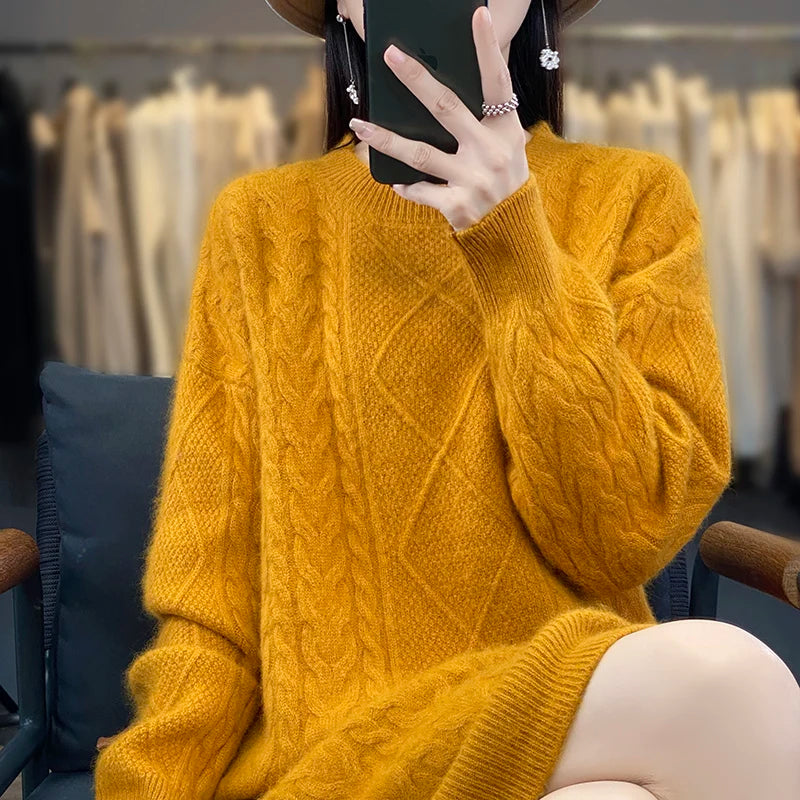 DjzDsm Autumn And Winter New 100% Mink Fur Women's High Quality Round Neck Thick Warm Jumper Knitted Solid Color Loose Dress