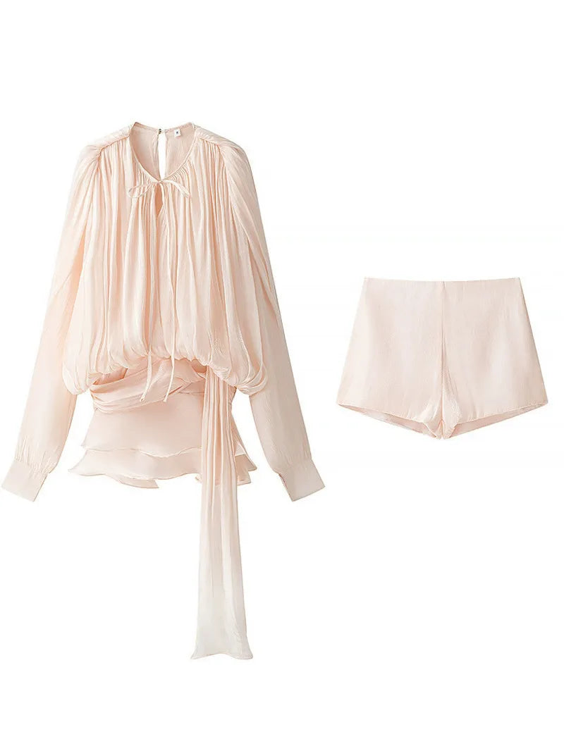 Beige Top Solid Blouse Mini Dresses For Women V Neck Long Sleeve Spliced Lace Up Sweet Style Dress Female Clothing Fashion P7WI