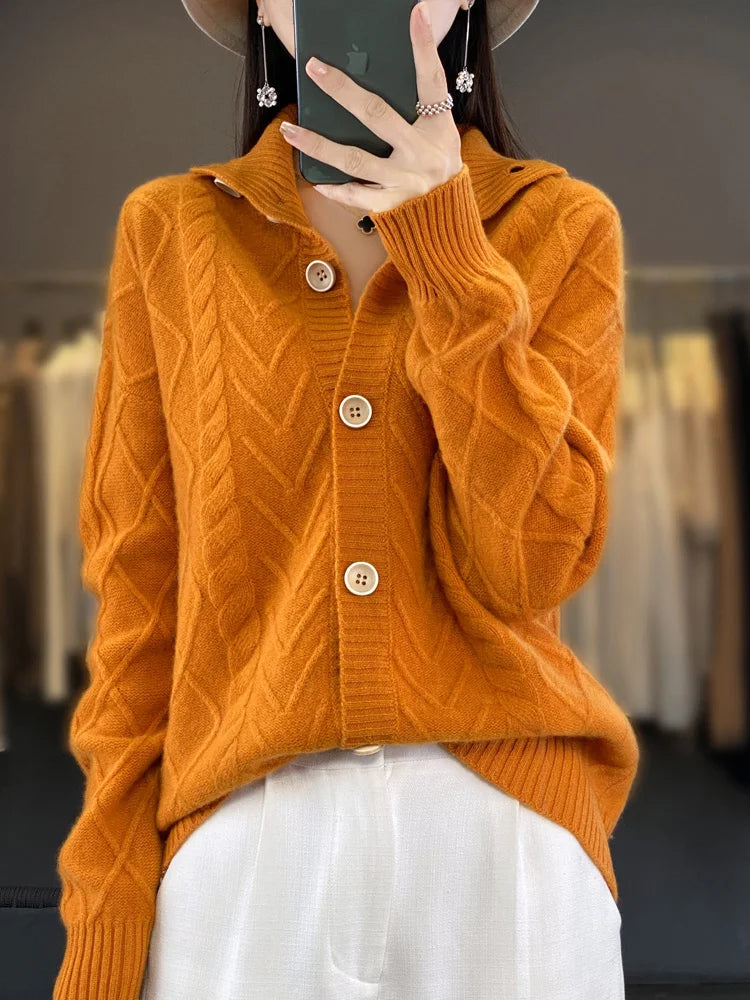 Autumn Winter Women Thick 100% Merino Wool Cardigan Cashmere Sweater Knitwear Turn Down Collar Cable Knitting Clothing Tops