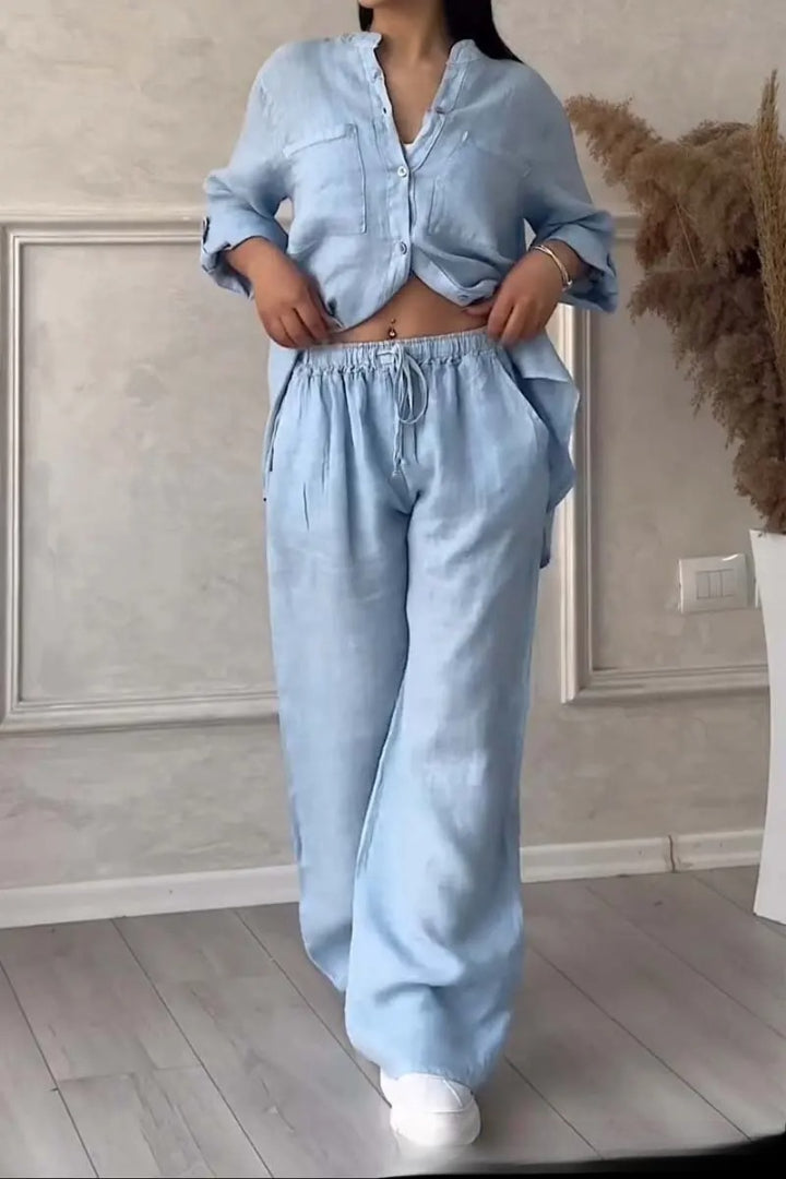 Felicitas | Damen Set aus Baumwoll-Leinen – Langarmbluse mit Hose