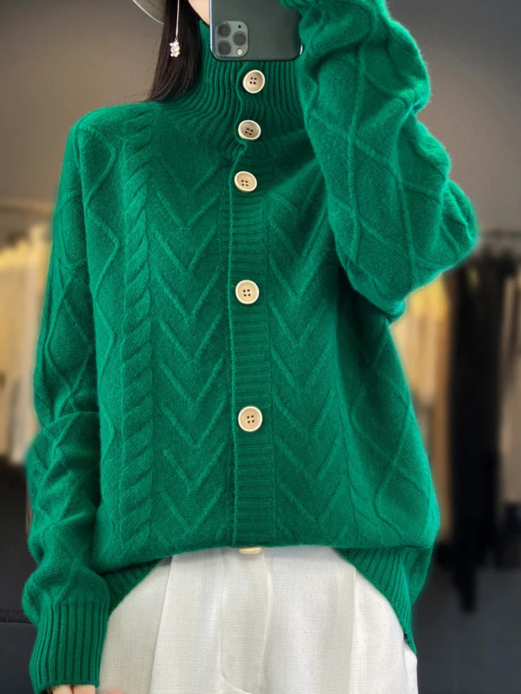 Autumn Winter Women Thick 100% Merino Wool Cardigan Cashmere Sweater Knitwear Turn Down Collar Cable Knitting Clothing Tops