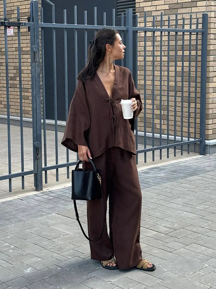Chic Brown Cotton Linen Long Pants Sets Women's Casual Loose Solid Lace Up V-neck Shirts Suits 2025 Lady Daily Streetwear New