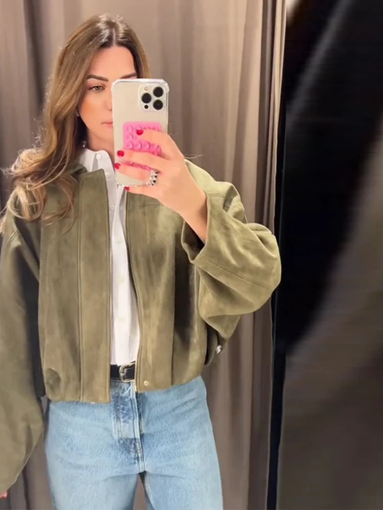 Fashion Suede Zipper Bomber Jacket For Women Vintage Turn Down Collar Long Sleeve Coats Lady New Street Chic Short Outerwear