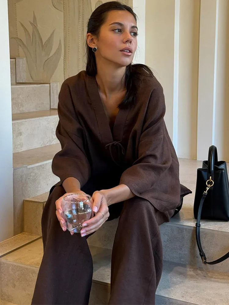 Chic Brown Cotton Linen Long Pants Sets Women's Casual Loose Solid Lace Up V-neck Shirts Suits 2025 Lady Daily Streetwear New