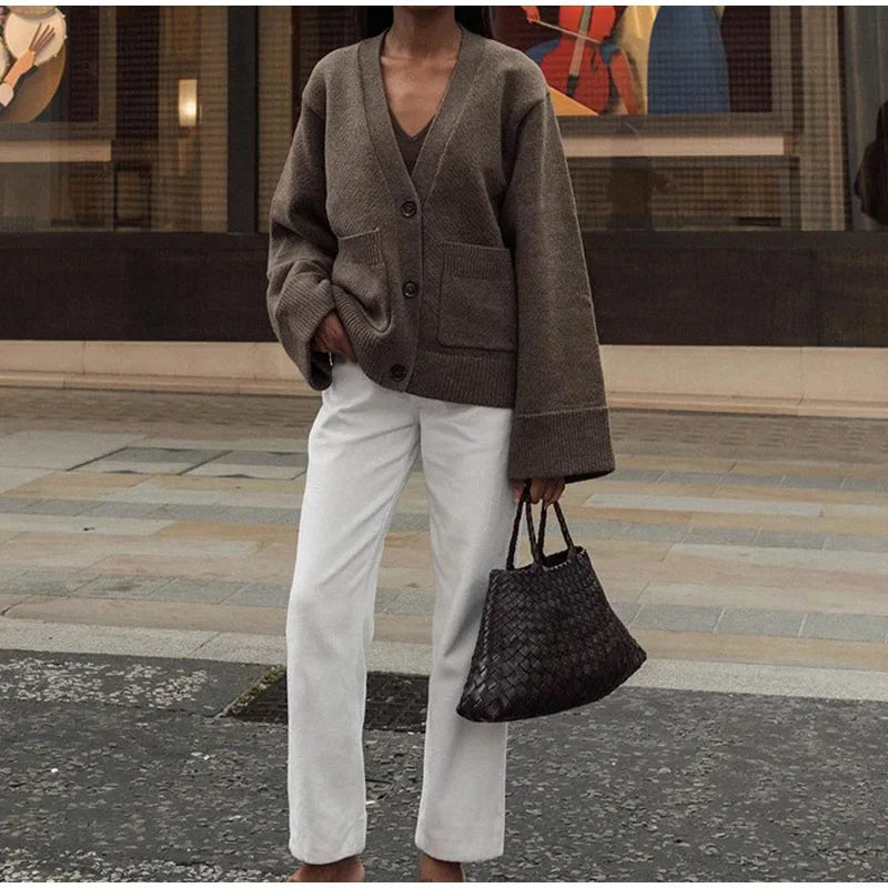 Women Casual Solid Single V Neck Knitted Cardigan Fashion Single Breasted Full Sleeves Sweater Autumn Chic Female Street Wear