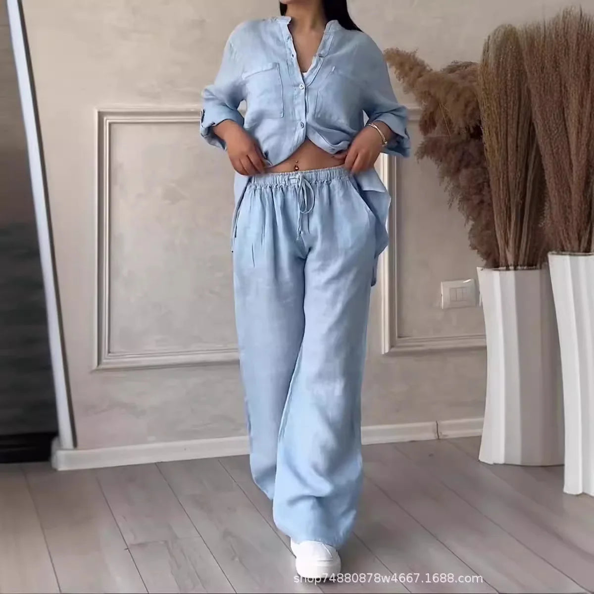 Cotton LinenTwo Piece Sets Women Autumn Casual Simple Long Sleeve Pocket Shirts Trousers 2 Piece Set Fashion Loose Suit Outfites