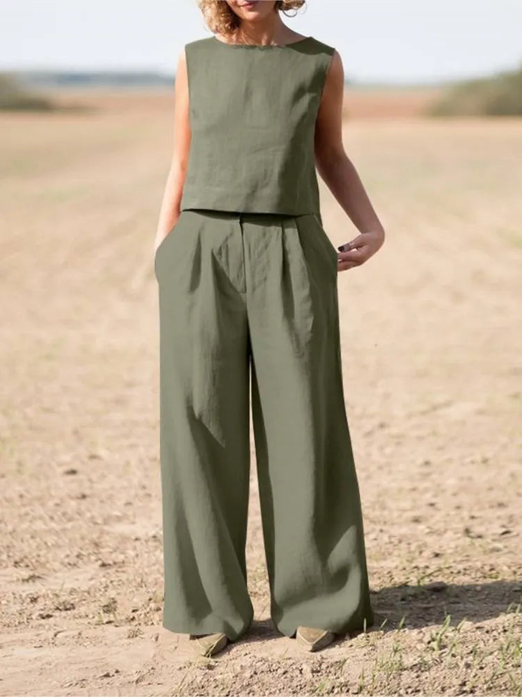 Summer Loose O-Neck Sleeveless Top Wide Leg Pants Two Piece 2024 Fashion Casual New Suit Women Solid Cotton Linen 2 Piece Suits