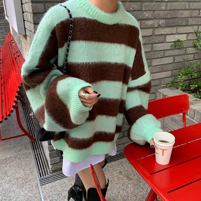 Women's Clothing Korean Stripe Knitting Sweater Round Neck Long Sleeves Vintage Casual Fashion Baggy Ladies Tops Autumn