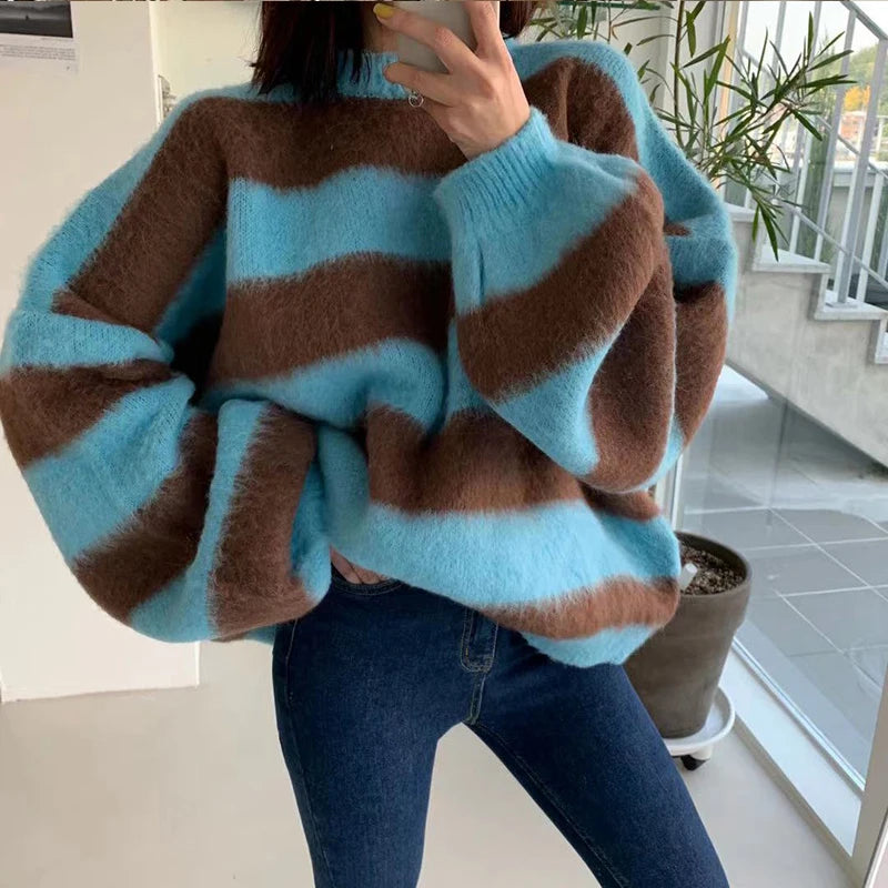 Women's Clothing Korean Stripe Knitting Sweater Round Neck Long Sleeves Vintage Casual Fashion Baggy Ladies Tops Autumn