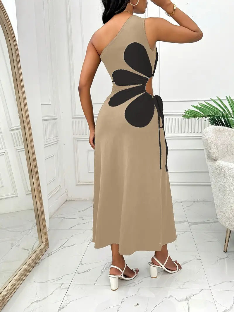 Yuna- Rotes Kleid mit einer Schulter und Rosa Blumendruck