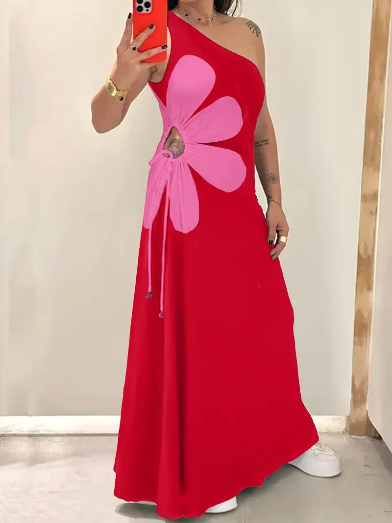 Yuna- Rotes Kleid mit einer Schulter und Rosa Blumendruck