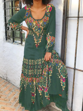 Boho U-Neck Cotton Long Sleeve Blends Knitting Dress