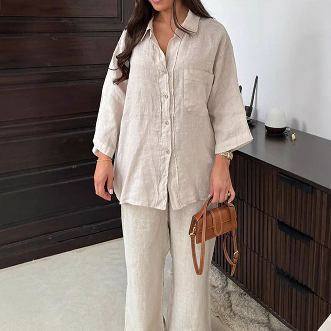 Leisure Linen Blend Collared Button Down Wide Leg Lounge Matching Set