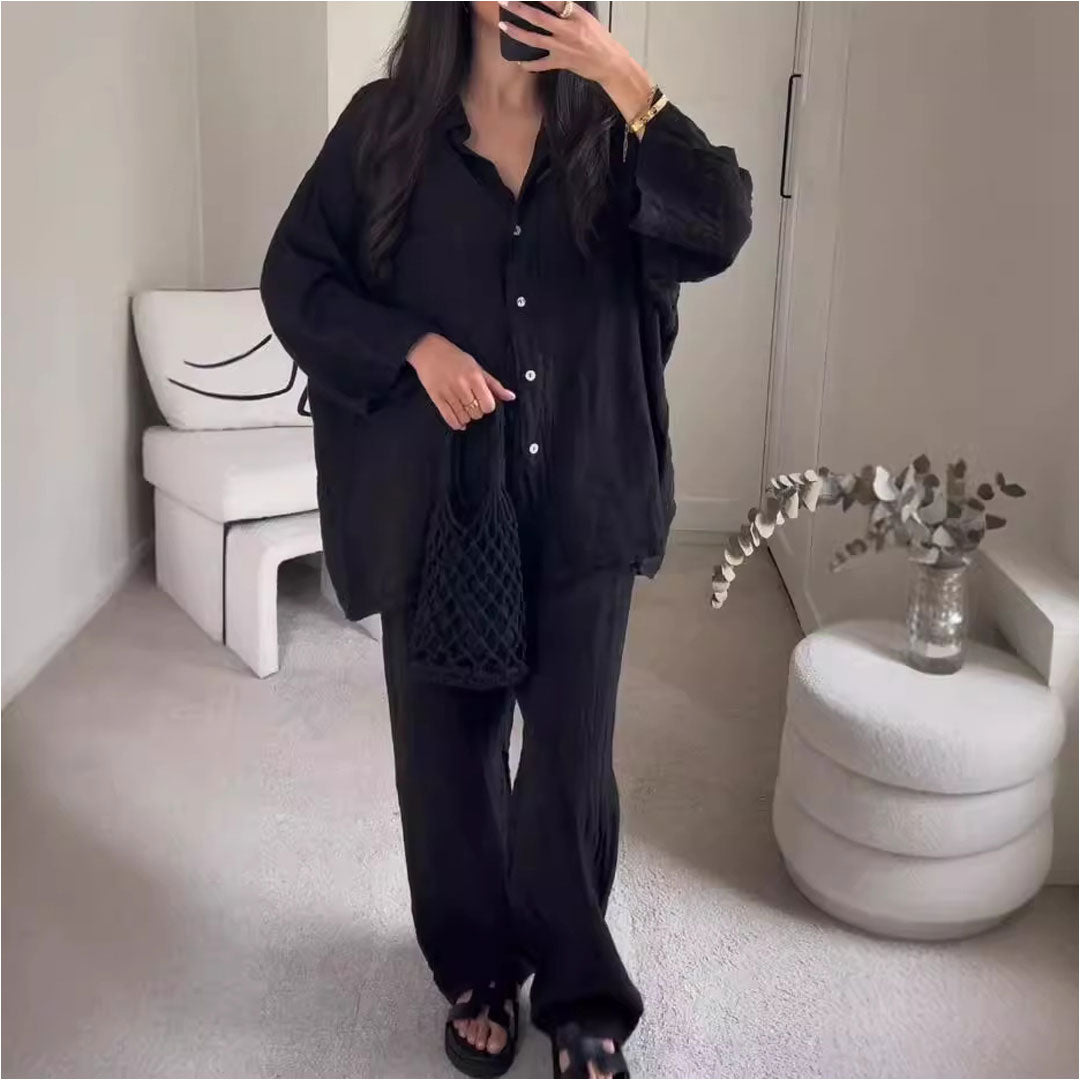 Leisure Linen Blend Collared Button Down Wide Leg Lounge Matching Set