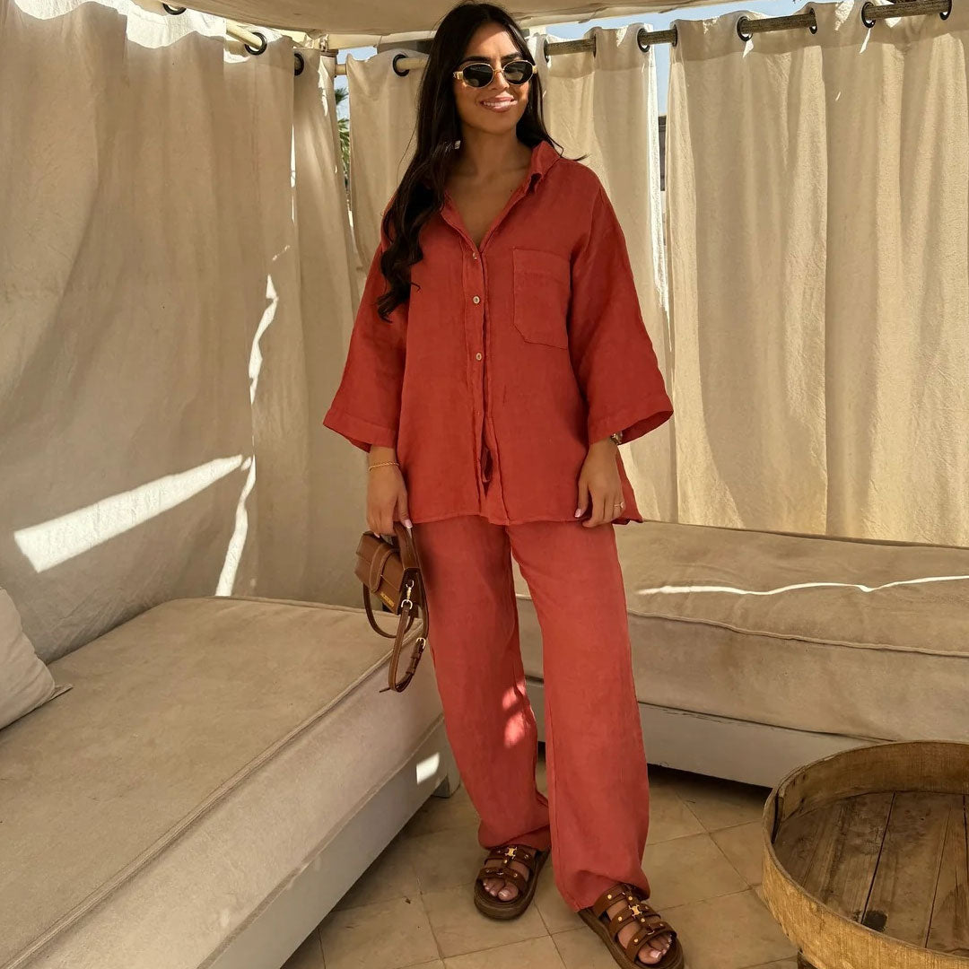 Leisure Linen Blend Collared Button Down Wide Leg Lounge Matching Set