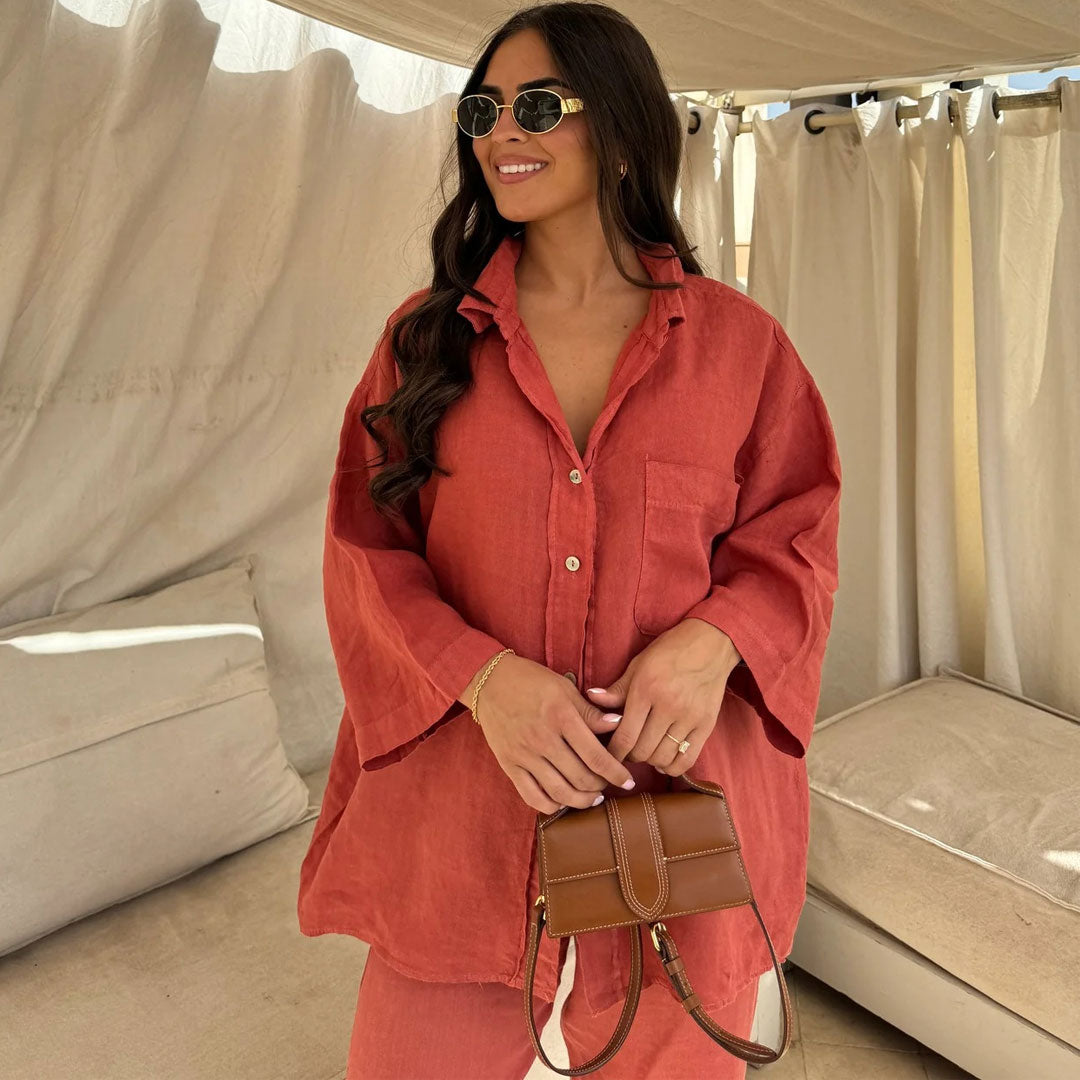 Leisure Linen Blend Collared Button Down Wide Leg Lounge Matching Set