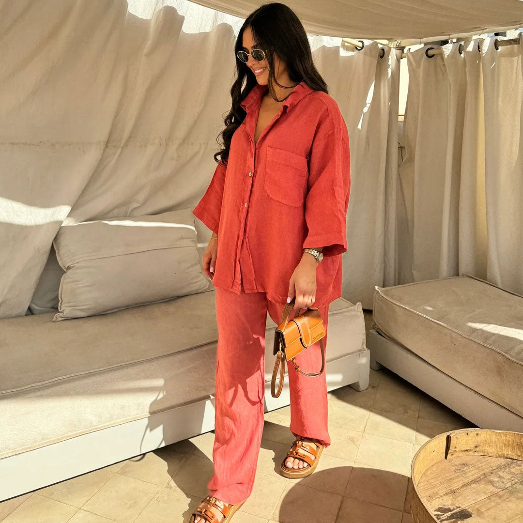 Leisure Linen Blend Collared Button Down Wide Leg Lounge Matching Set